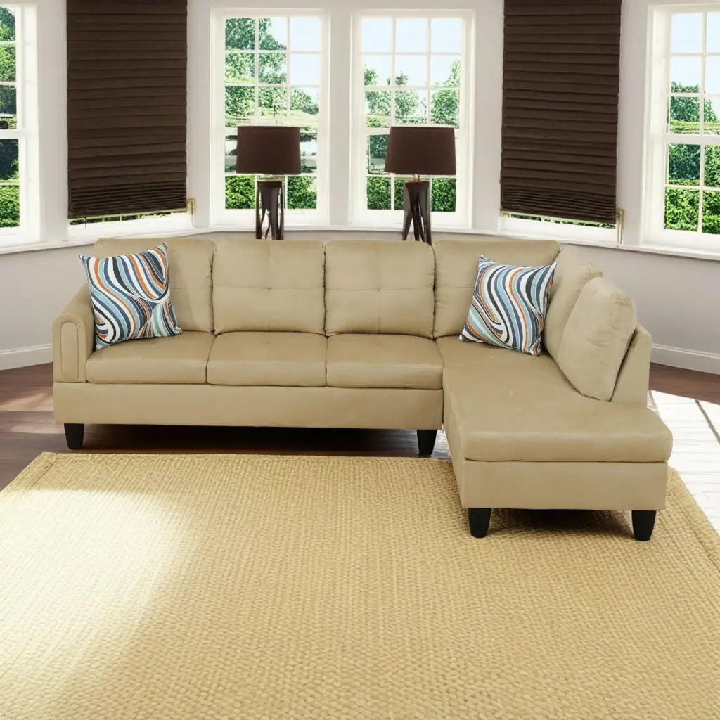 Hommoo Flannel L Shaped Sectional Sofa Set 4-Seat Couch Living Room Apartment Dorm Beige