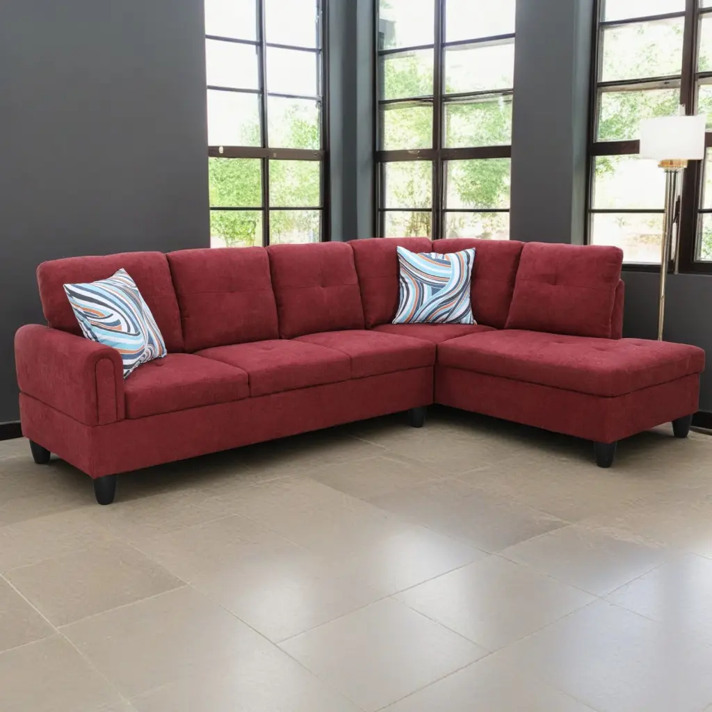 Hommoo Flannel L Shaped Sectional Sofa Set 4-Seat Couch Living Room Apartment Dorm Red