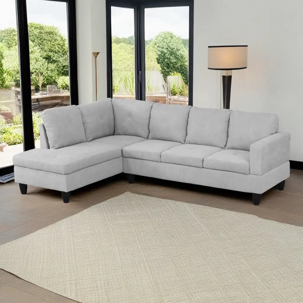 Hommoo Flannelette Modern L-Shaped 4-Seat Sectional Sofa Set Living Room Apartment Dorm Grey White