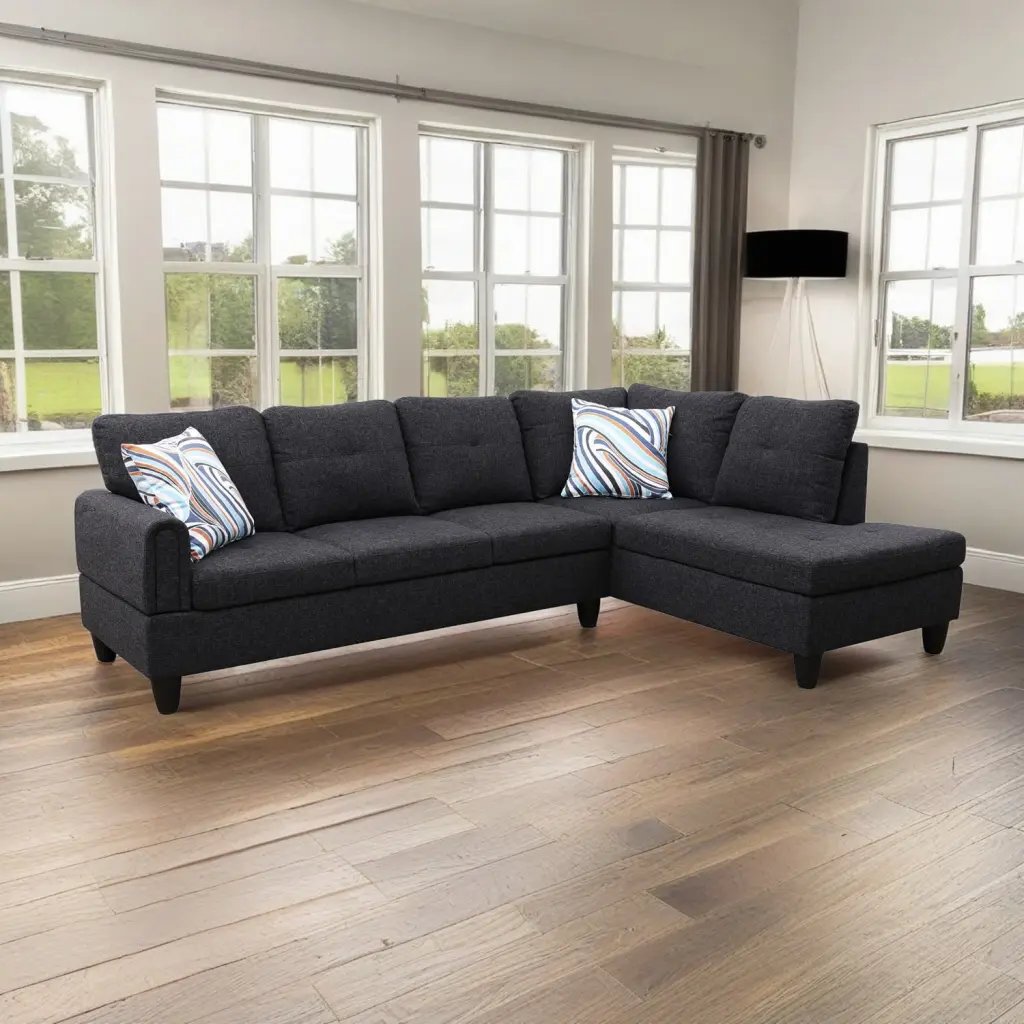 Hommoo Linen L-Shaped Sectional Sofa 4-Seat Couch Set Living Room Apartment Dorm Black Grey