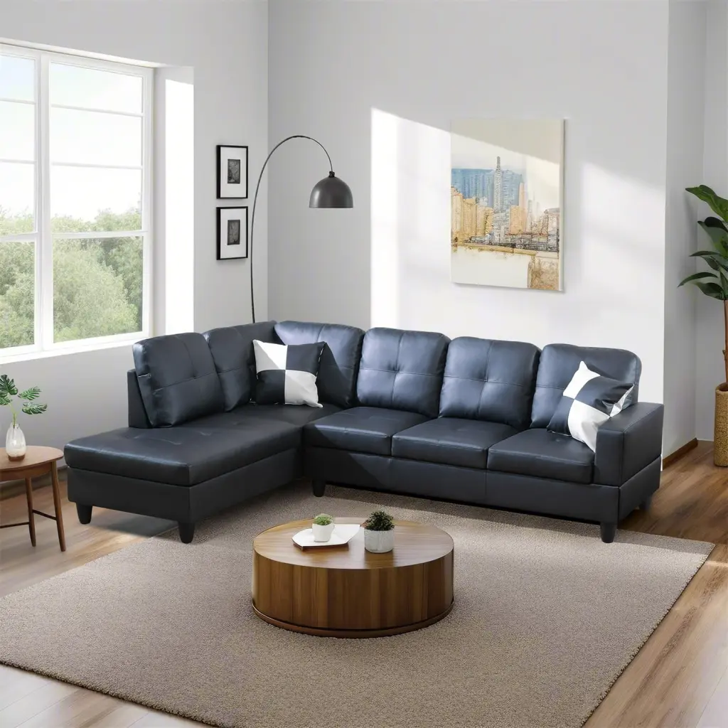 Hommoo Modern Faux Leather L-Shaped Sectional Sofa Set 4-Seat Couch Small Space Black