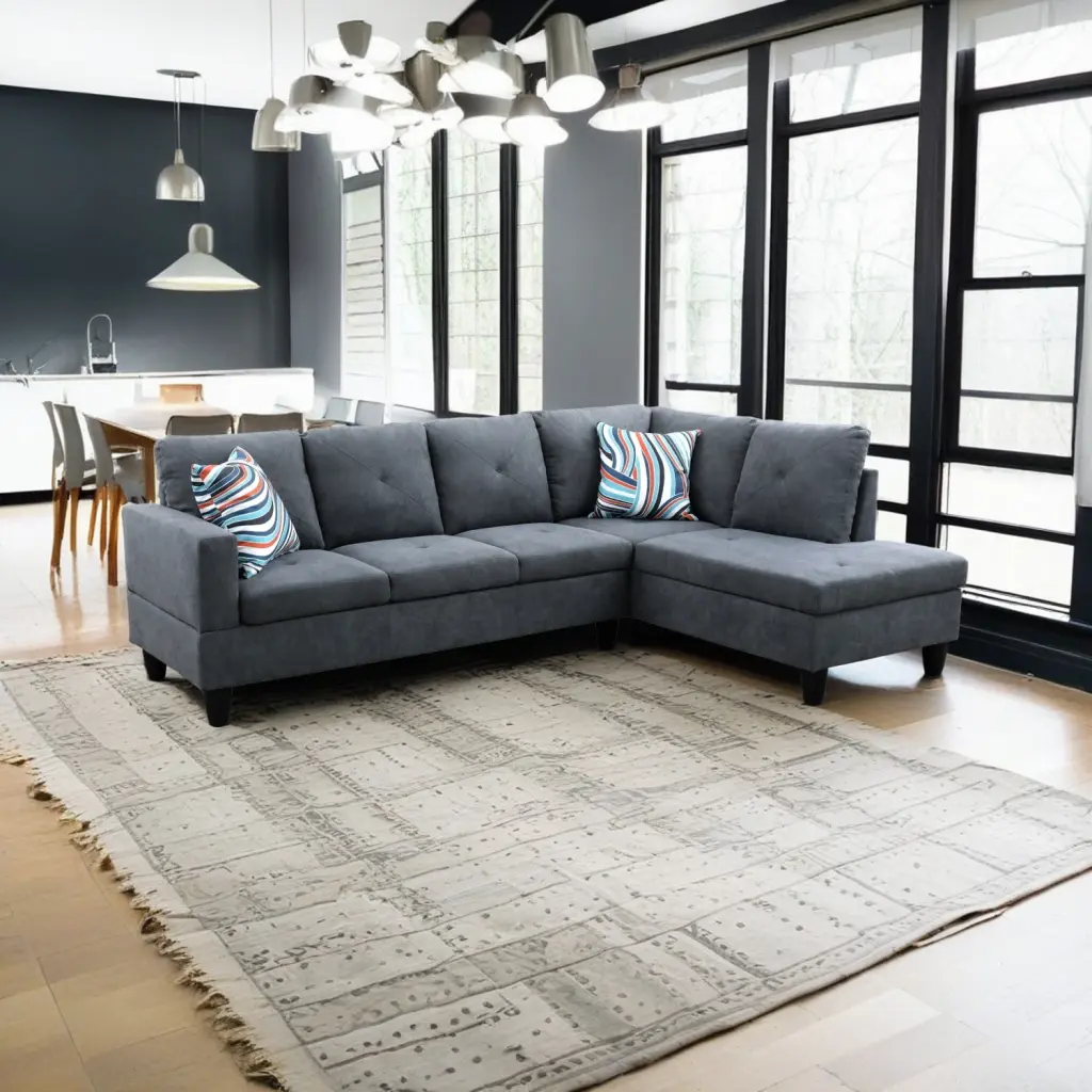 Hommoo Modern L-Shaped Flannelette 4-Seater Convertible Sofa Apartment Office Home Dark Grey