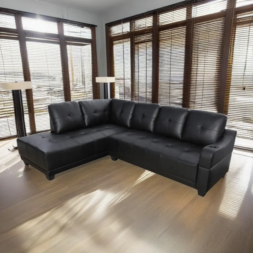 Hommoo Semi PU Synthetic Leather L-Shaped 4-Seat Sectional Sofa Set Living Room Apartment Dorm Black