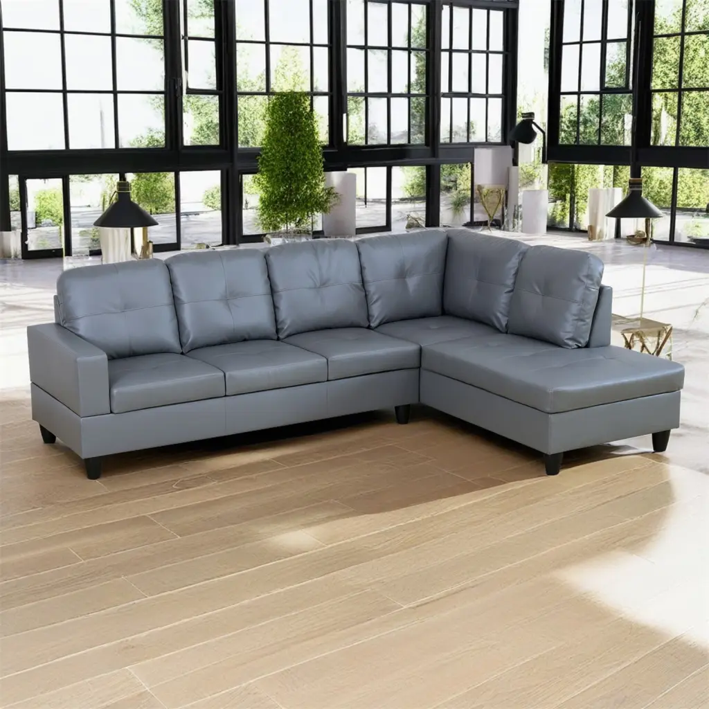 Hommoo Semi PU Synthetic Leather L-Shaped Sectional Sofa Set 4-Seat Couch Small Space Dark Grey