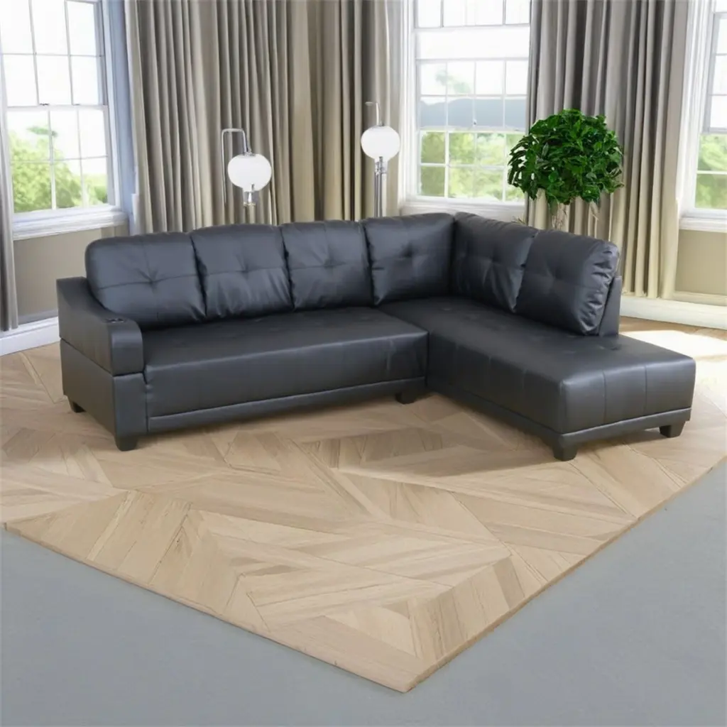 Hommoo Semi PU Synthetic Leather L Shaped Sectional Sofa 4-Seat Couch 16.5 Back Height Home Office Black