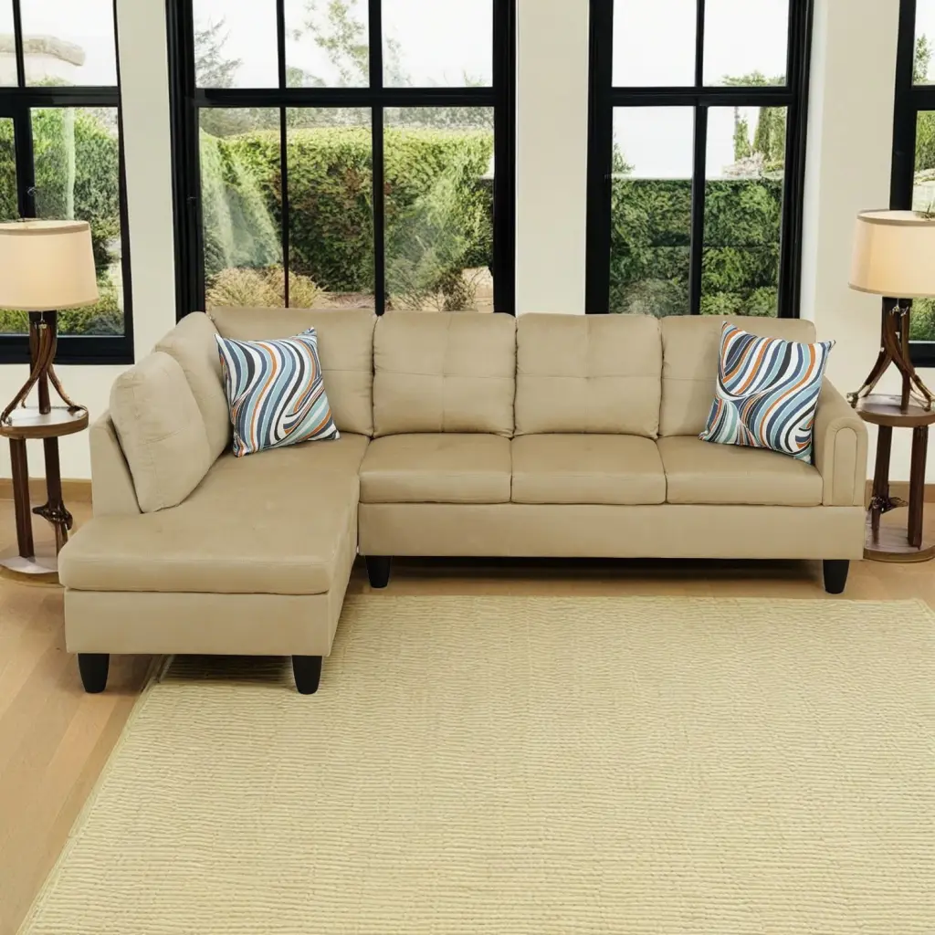 Hommoo L Shaped Sectional Sofa Flannel 4-Seat Couch Living Room Apartment Dorm Beige