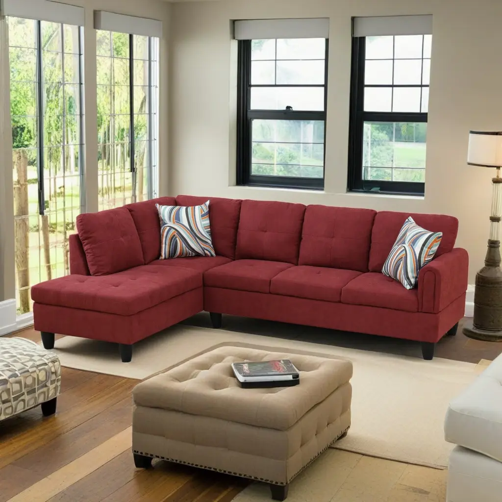 Hommoo L Shaped Sectional Sofa Set 4-Seat Flannel Couch Living Room Apartment Dorm Red