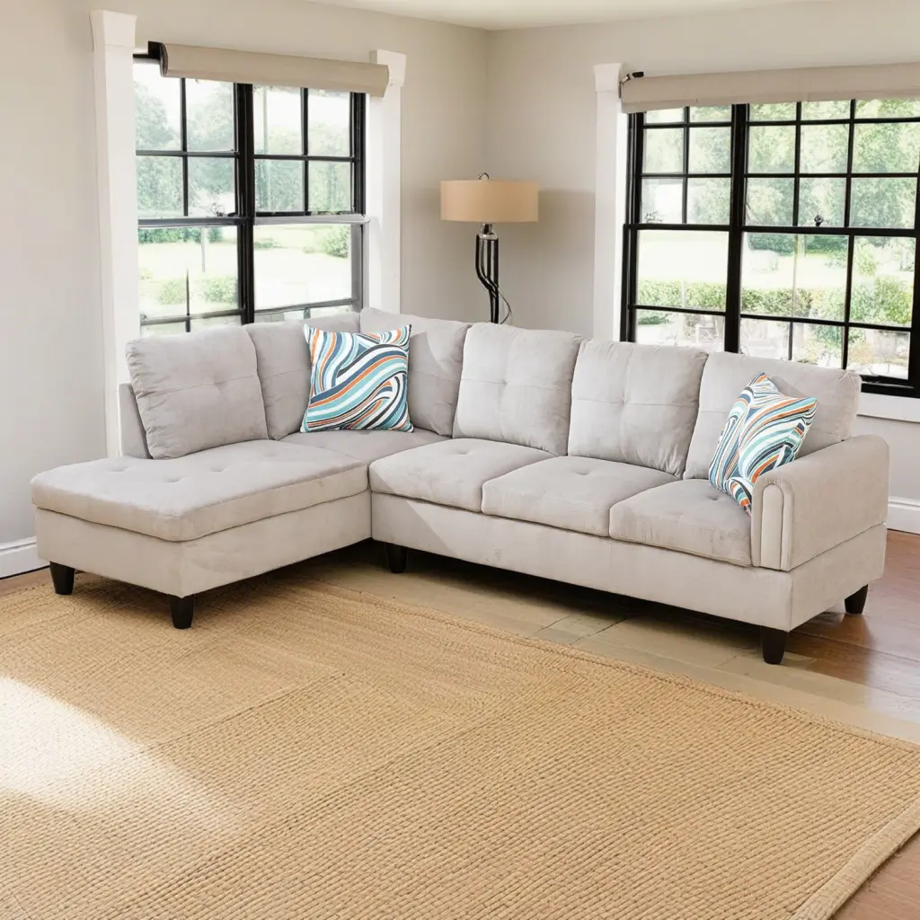 Hommoo L Shaped Sectional Sofa Set 4-Seat Corduroy Couch Living Room Apartment Dorm Grey White