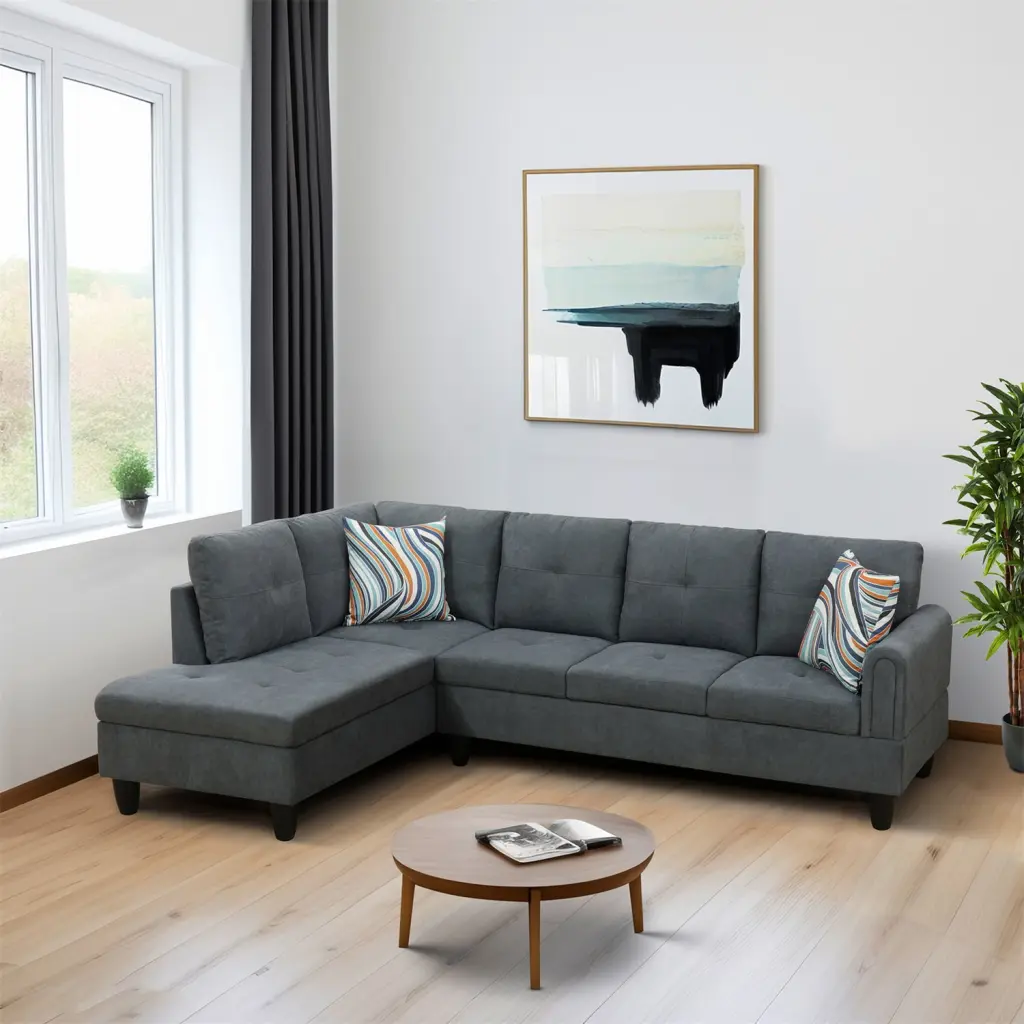 Hommoo L Shaped Sectional Sofa Set 4-Seat Flannel Couch Living Room Apartment Dorm Dark Gray