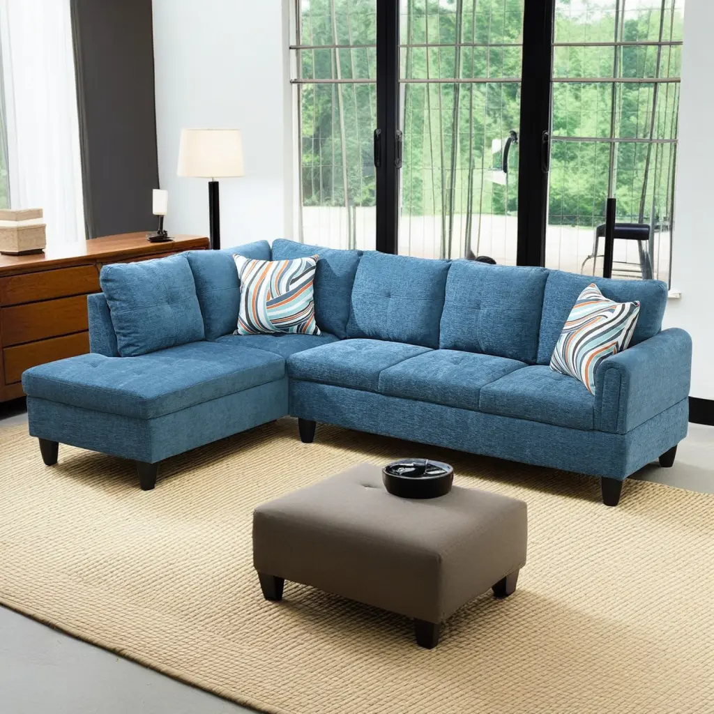 Hommoo L Shaped Sectional Sofa Set 4-Seat Flannel Couch Living Room Apartment Dorm Blue