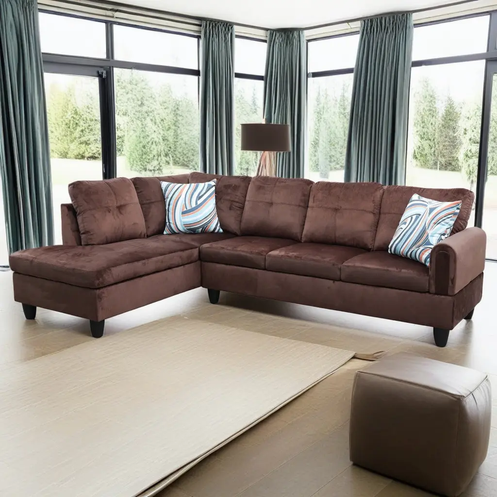 Hommoo L Shaped Sectional Sofa Set 4-Seat Flannel Couch Living Room Apartment Dorm Chocolate