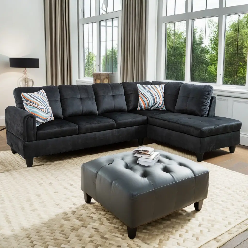 Hommoo L Shaped Sectional Sofa Set Flannel Living Room Furniture 4-Seat Black No Ottoman