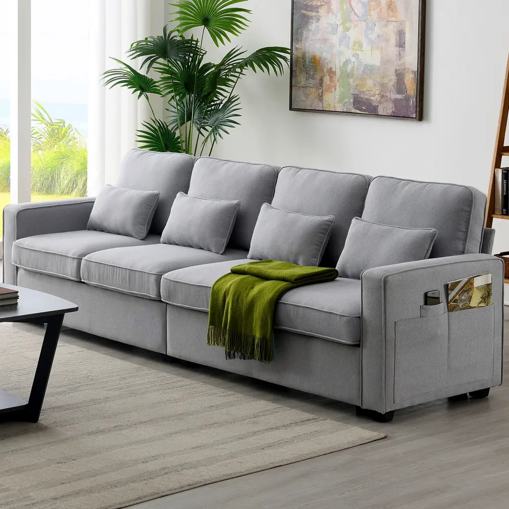 104 4-Seater Modern Linen Fabric Sofa Armrest Pockets and 4 Pillows HOMXIAOWO