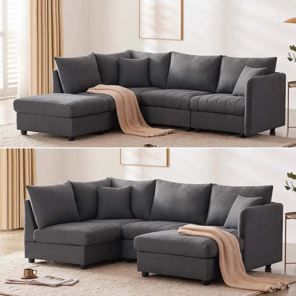 Modern 5-Seater Sofa Vertical Stripes and Convertible Ottoman Dark Grey HOMXIAOWO