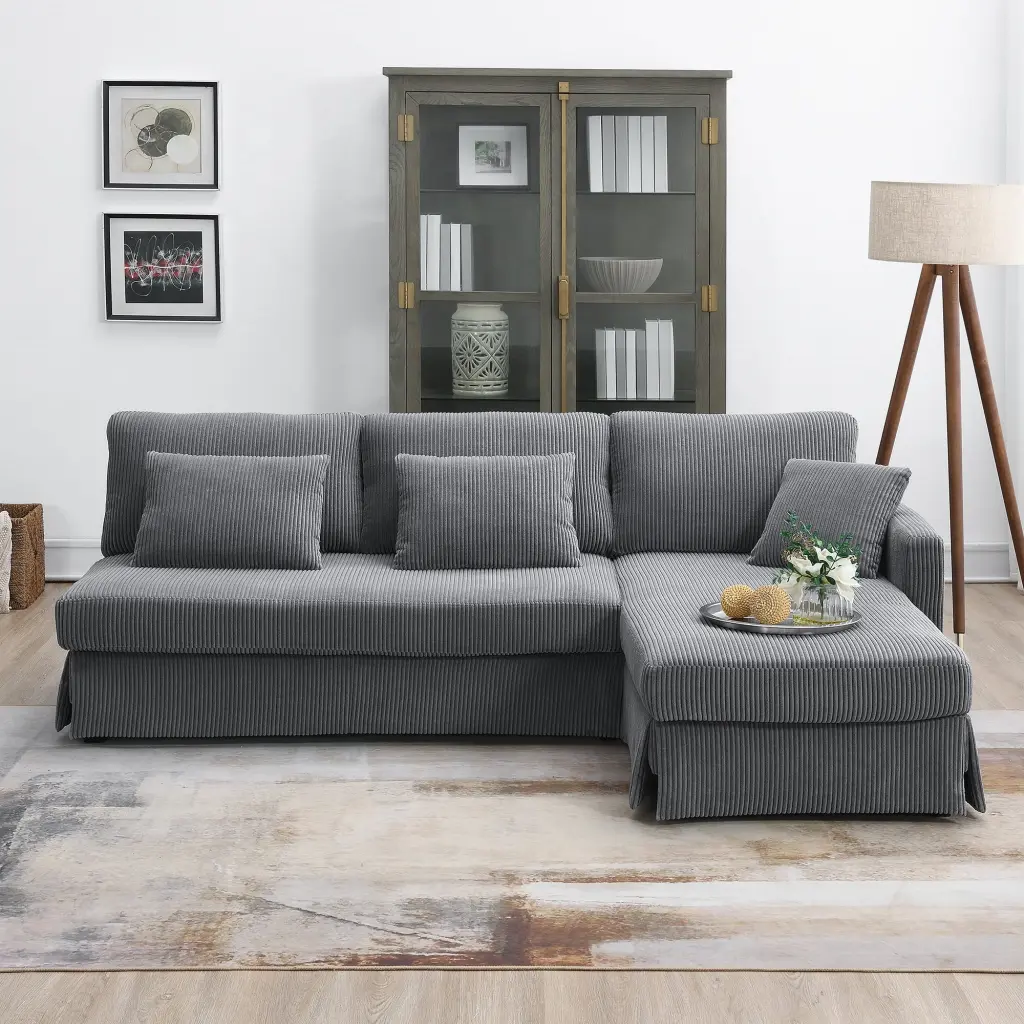 87x61 Modern L-Shaped Corduroy Sectional Sofa Reversible Chaise Ikuby