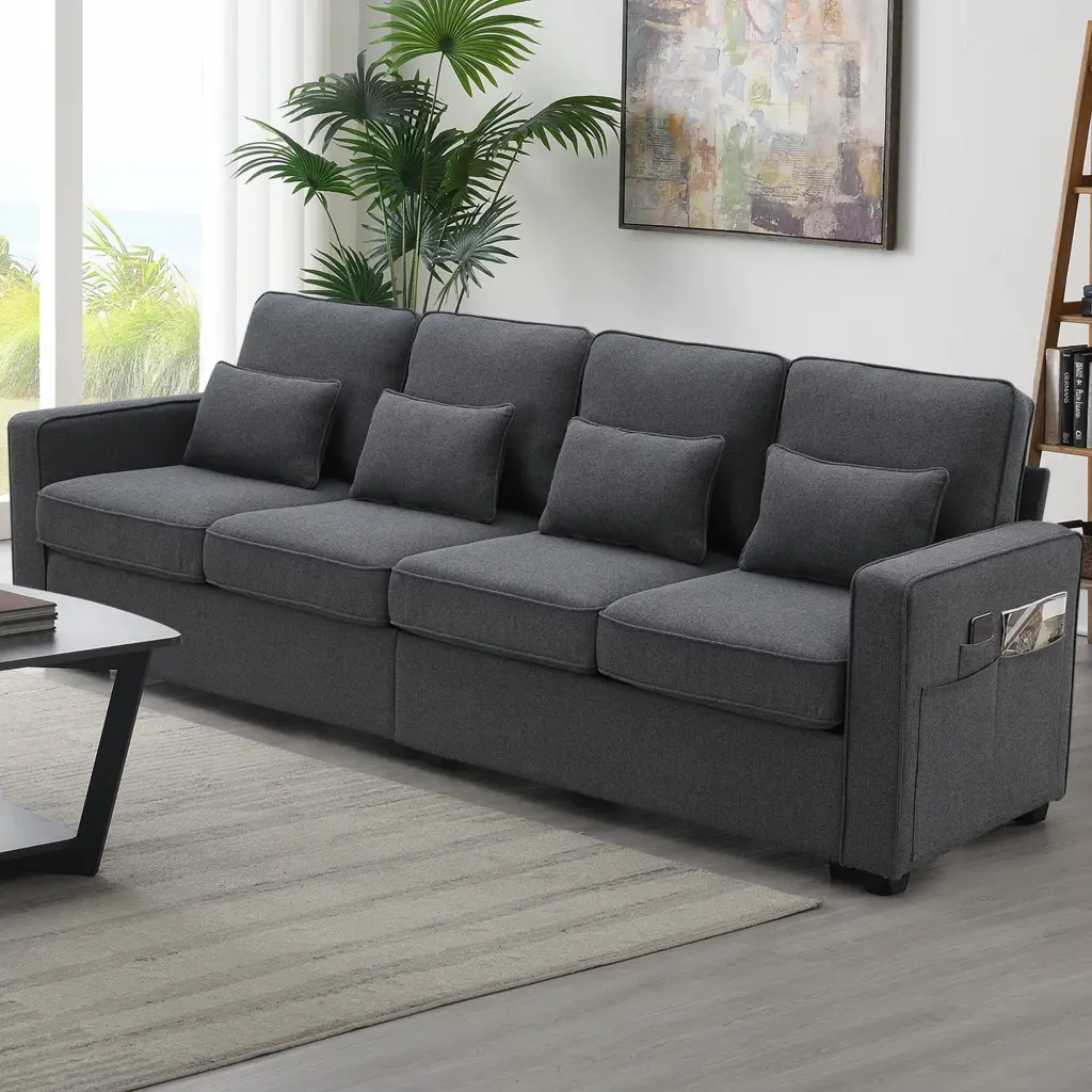 104 4-Seater Modern Linen Fabric Sofa Armrest Pockets and 4 Pillows Living Room Jamini