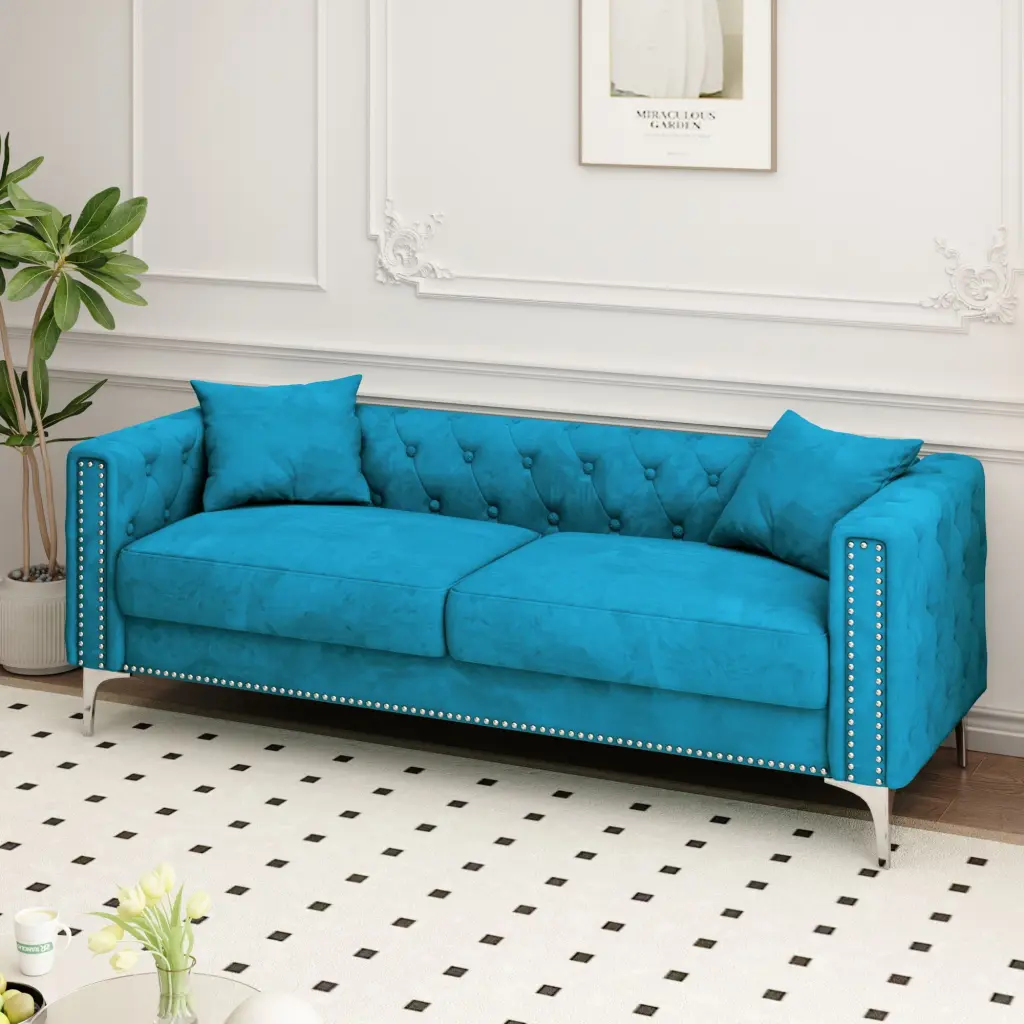 83 Blue Velvet Triple Sofa Large and Small Spaces - Includes 2 Pillows Jamini