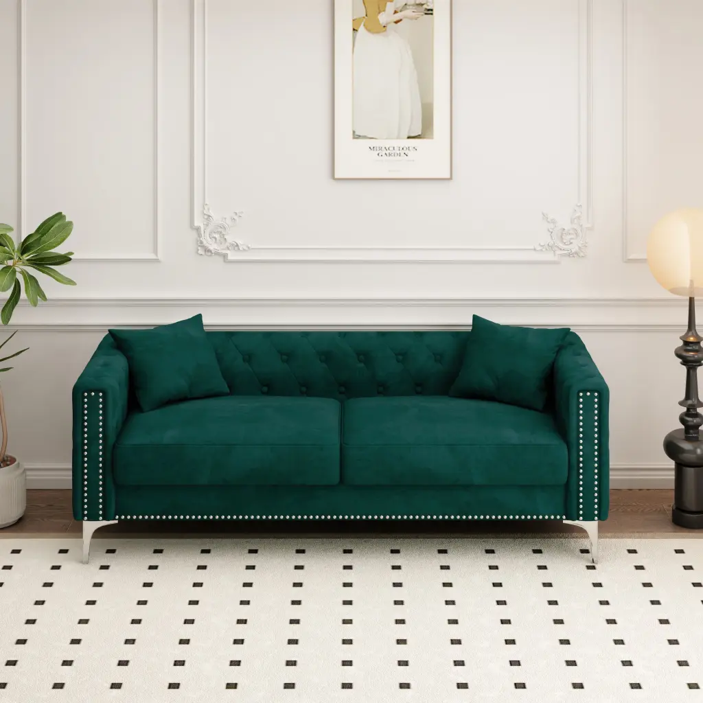 83 Green Velvet Triple Sofa Small Spaces - Includes 2 Decorative Pillows Jamini