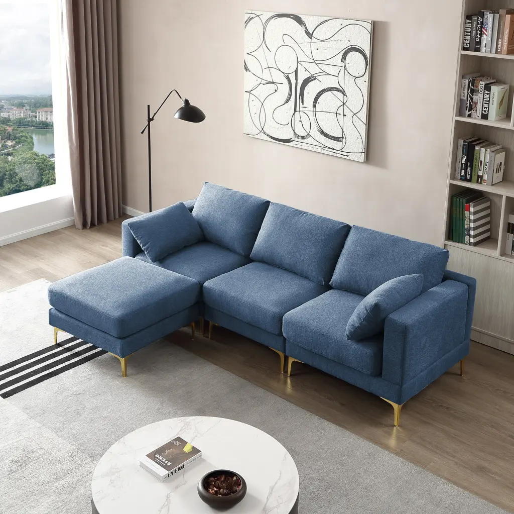 Living Room Furniture Modern Leisure L Shape Couch Blue Fabric Jamini