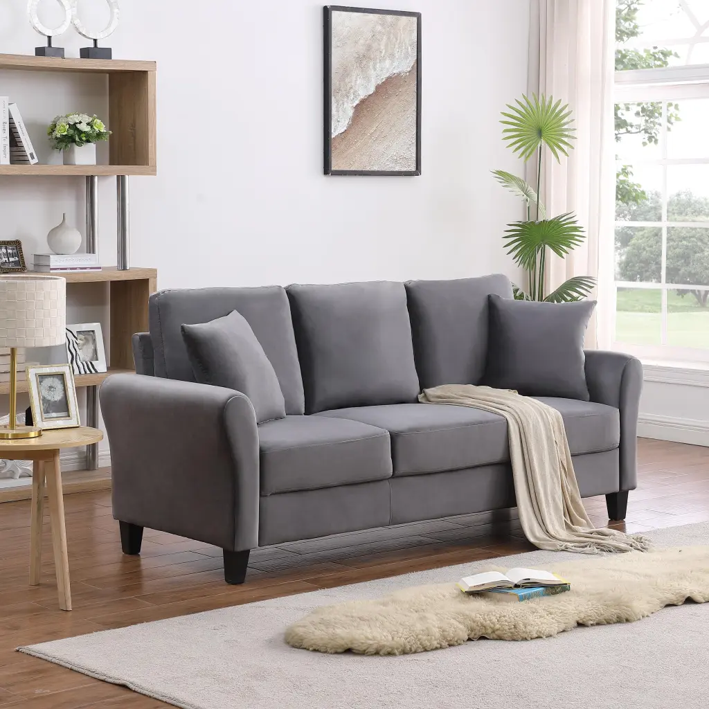 Modern Velvet Couch 2 Pillows 78 Inch Width 3 Seater Sofa Plastic Legs Jamini