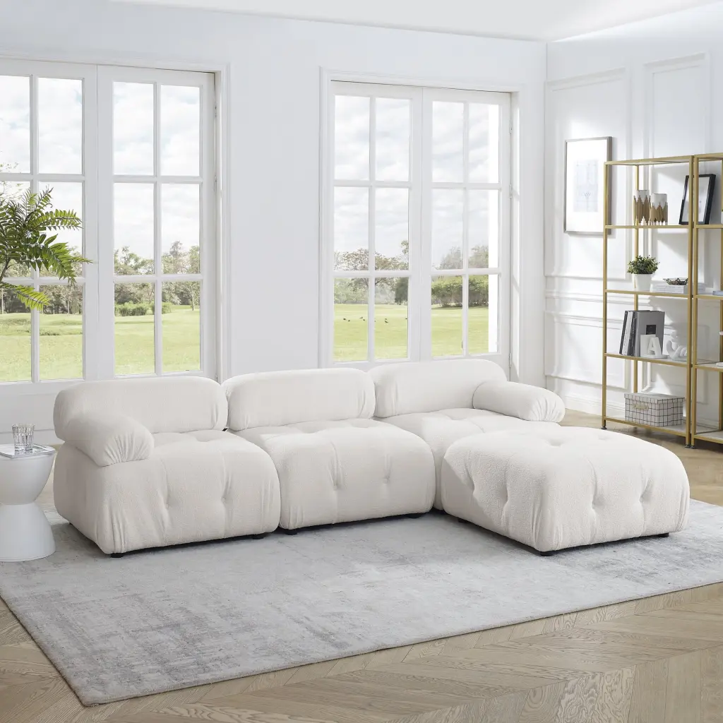 Modular Sectional Sofa Button Tufted DIY Combination L Shaped Couch Reversible Ottoman Ivory Teddy Fabric Jamini