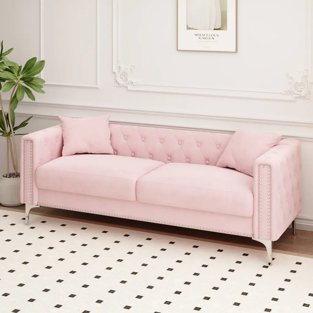 83 Pink Velvet Triple Sofa Living Rooms - Plush Seating 2 Included Pillows Jamini