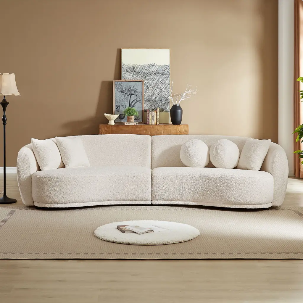 Kevinplus Sofa Soft Comfy Teddy Fabric Deep Seat Sectional Couch 5 Decorative Throw Pillows Beige
