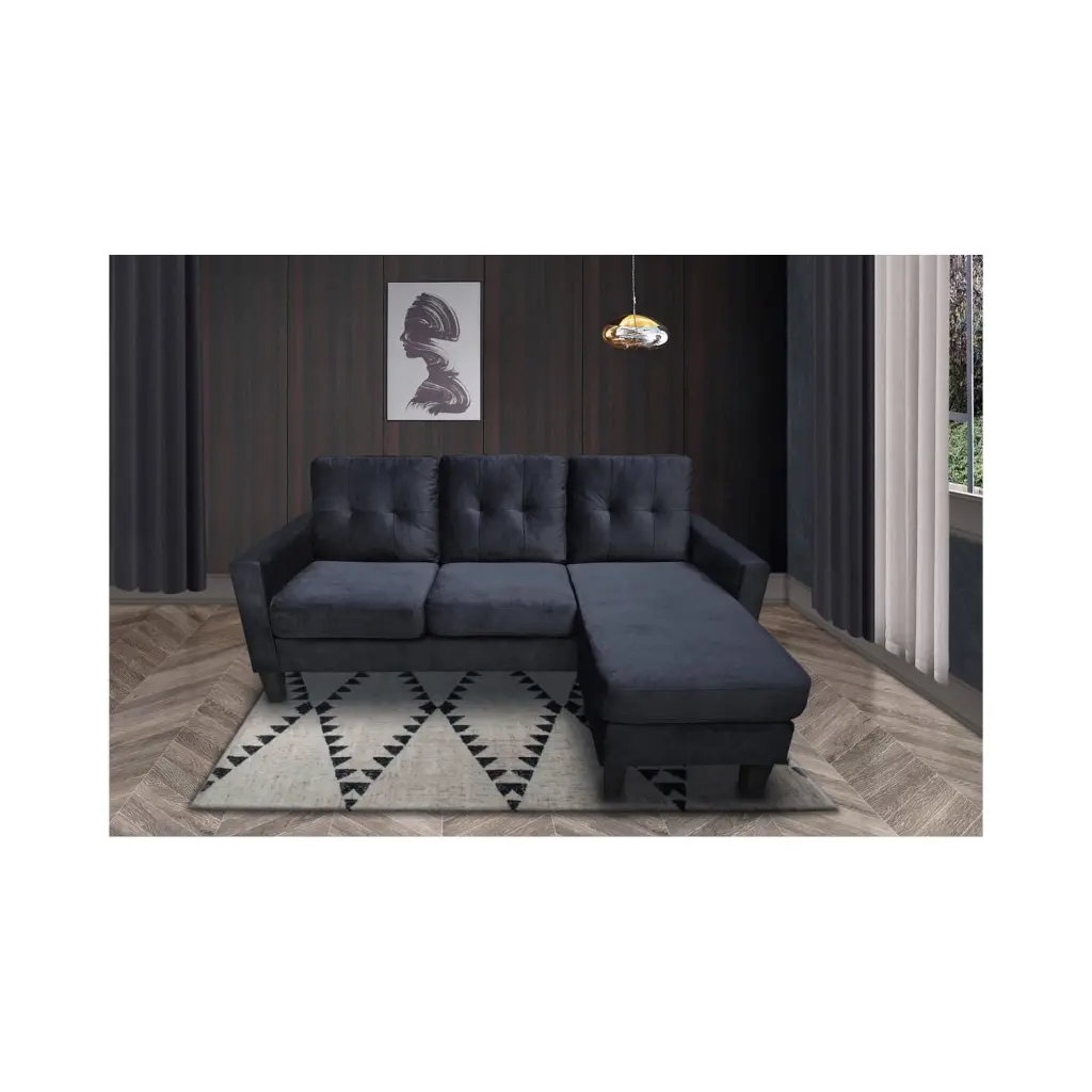 Everett Black Velvet Reversible Sectional Sofa Chaise Living Room Furniture Lilola Home