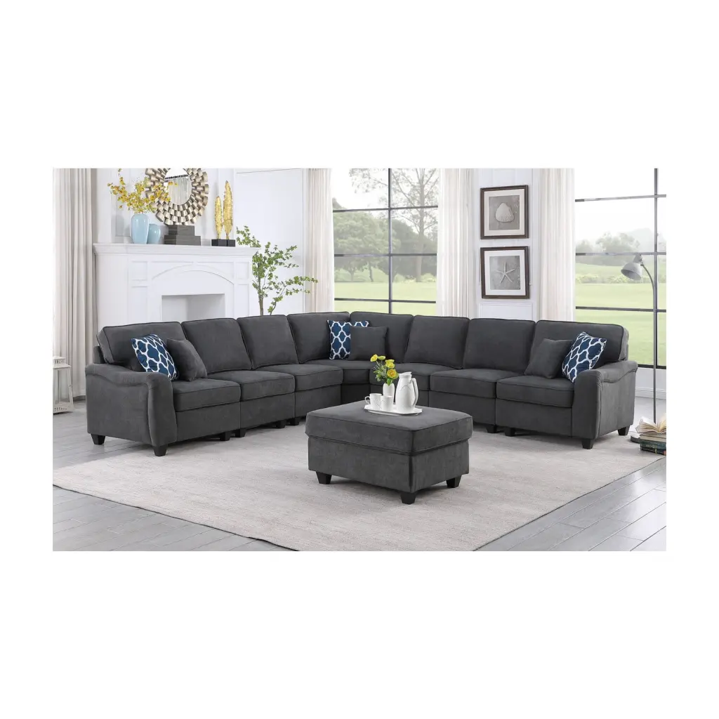 Leo Dark Gray Woven Fabric 8Pc Modular L-Shape Sectional Sofa and Ottoman - Large Sectional Set Lilola Home