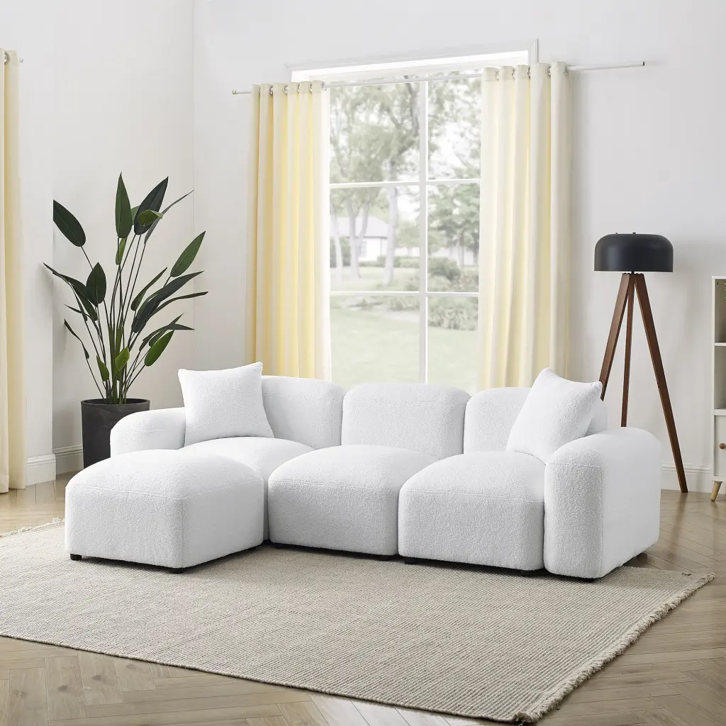 MAICOSY Teddy Fabric L-Shape Modular Sectional Sofa DIY Combination - White Plush Sofa
