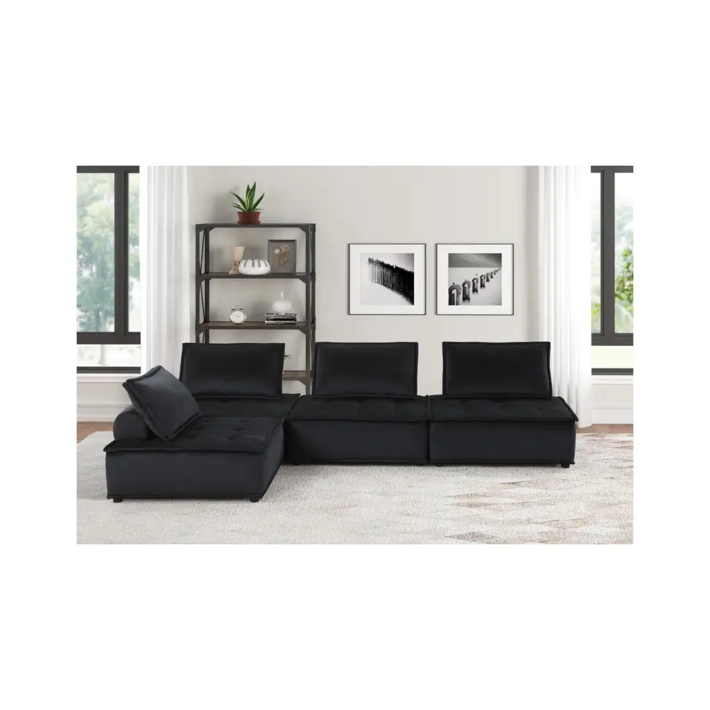 Maykoosh Rustic Refinement Black Velvet 4 Pc Sectional Sofa Cozy Living Room Furniture