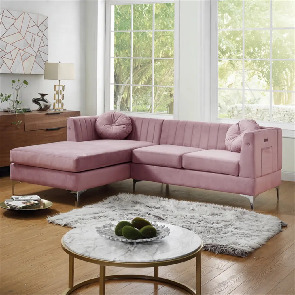 Maykoosh Rustic Revival Pink Velvet Sectional Sofa Chaise USB Charging Port
