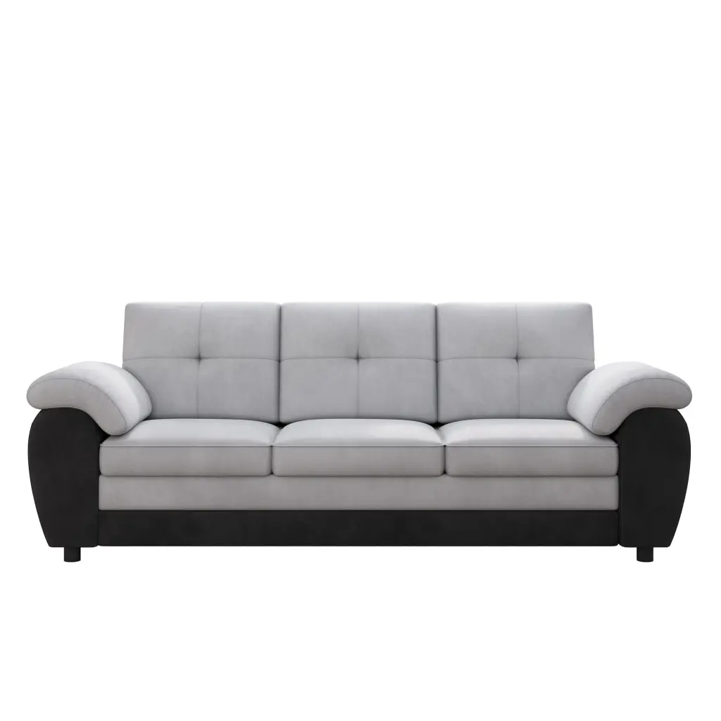Miekor 81.9 Inch Large Three Seat Sofa, Modern Upholstered, Black Leather and Light Gray Velvet
