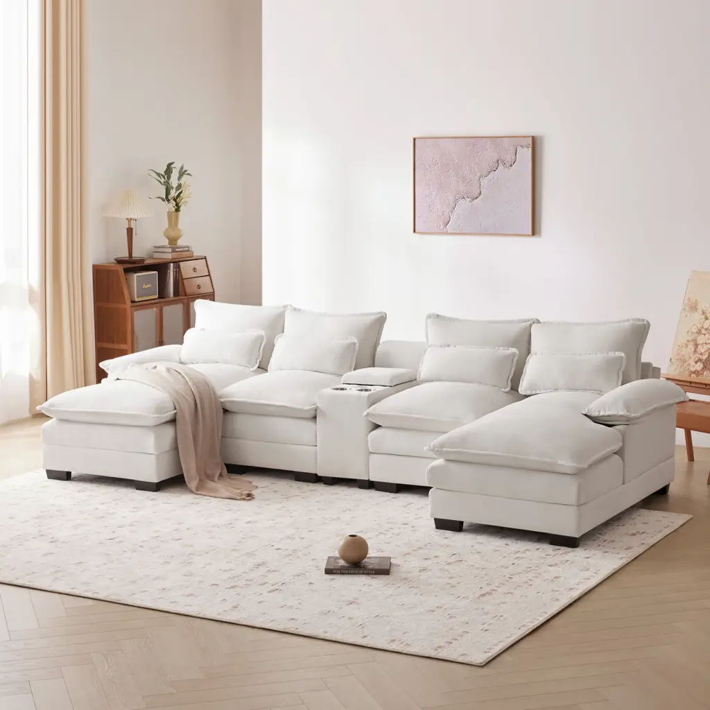 Miekor Furniture 123x55 Modern U-shaped Sofa Console Cupholders and USB Ports - 6-Seat Sleeper Couch Set
