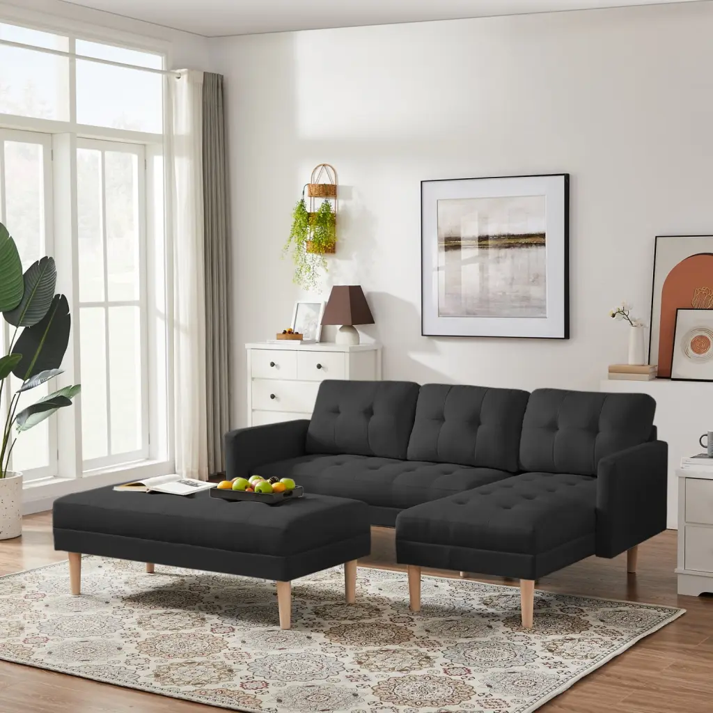 Miekor Furniture Black Fabric Right Facing Sectional Sofa Bed Ottoman Bench