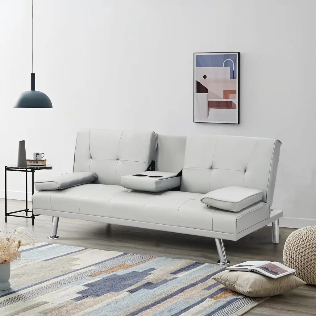 Miekor Furniture 67 Inch White Leather Multifunctional Double Pullout Sofa Bed Coffee Table
