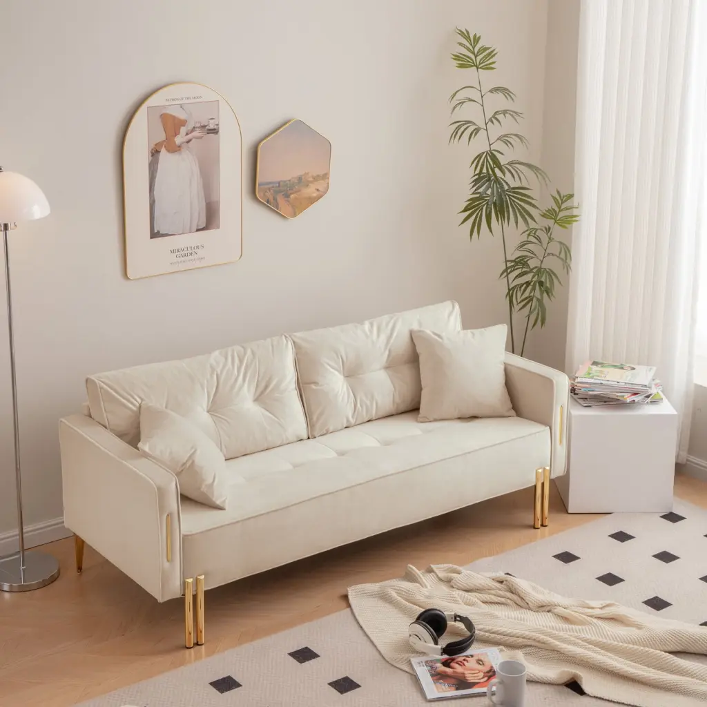 Miekor Furniture 70 Velvet Sofa Couch Luxury Modern Upholstered 3-Seater 2 Pillows Living Room