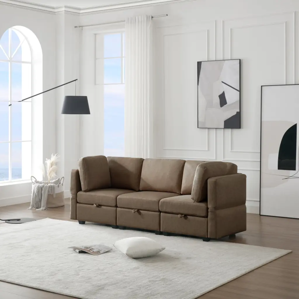 Miekor Oversized Modular Sectional Sofa Set Storage - 3-Seat Convertible Fabric Couch Brown Living Room