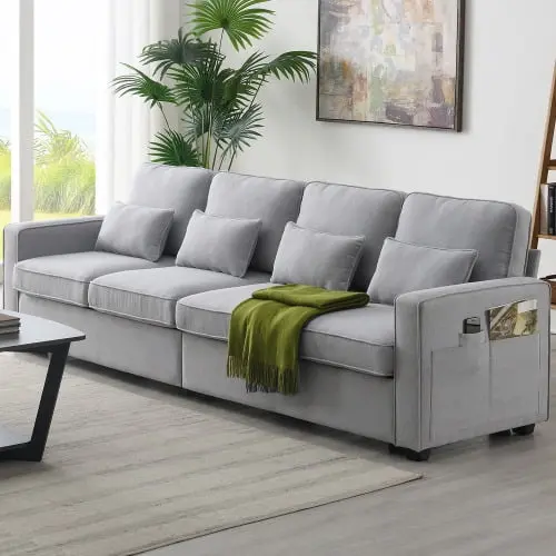104 4-Seater Modern Linen Sofa Armrest Pockets and 4 Pillows Mikeor
