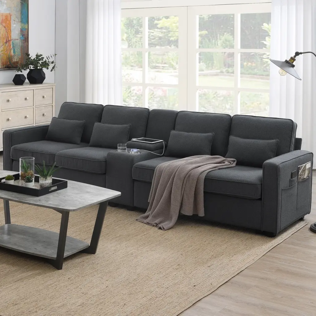 114.2 Upholstered Sofa Console 2 Cupholders 2 USB Ports Linen Fabric 4-Seat Mikeor