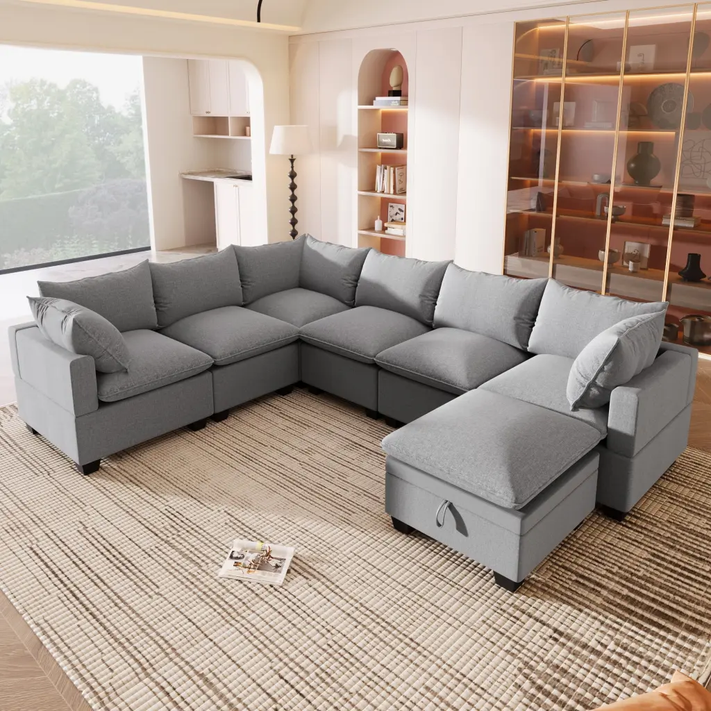 120x93 Modern U Shape Modular Sofa Storage Ottoman Luxury 7 Seat Sectional Couch Set 2 Pillows OMCCHK