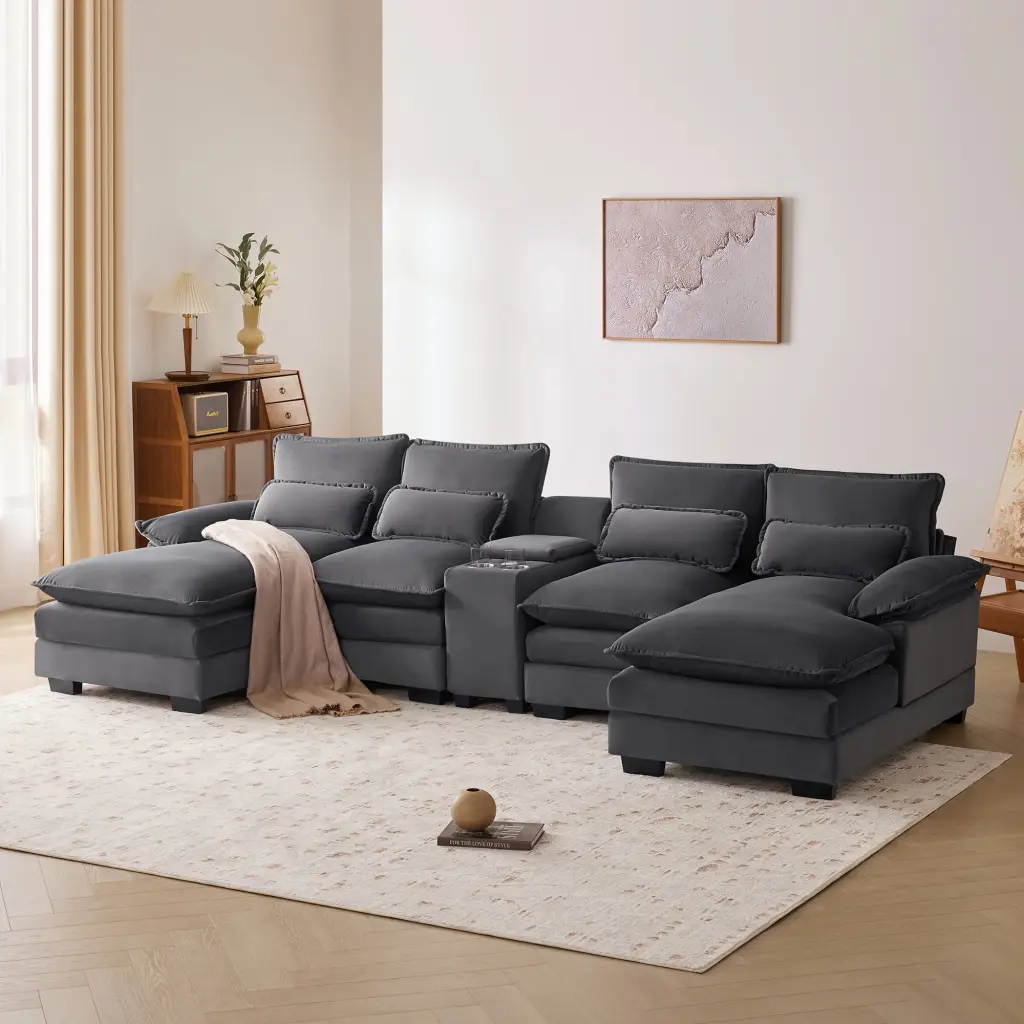 123*55 Modern U-Shaped Sofa Console and Cupholders - 6-Seat Sleeper Couch Set OMCCHK