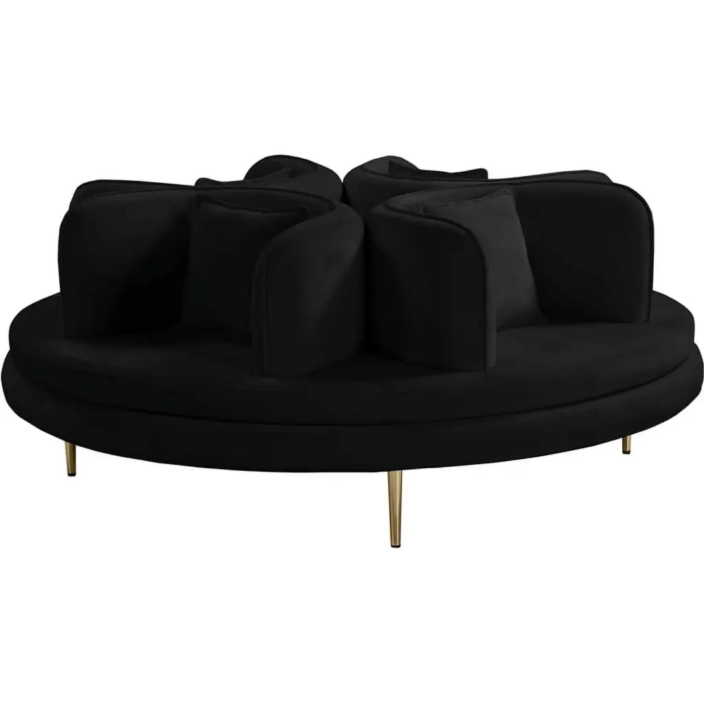 Pemberly Row Black Velvet Roundabout Sofa Iron Legs Contemporary Design
