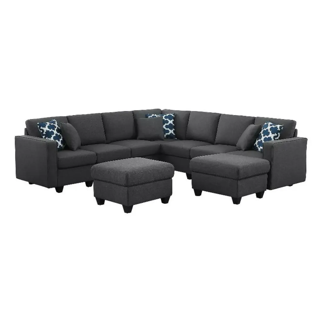 Pemberly Row Fabric Reversible Sectional Modern Sofa Two Ottoman Dark Gray Living Room