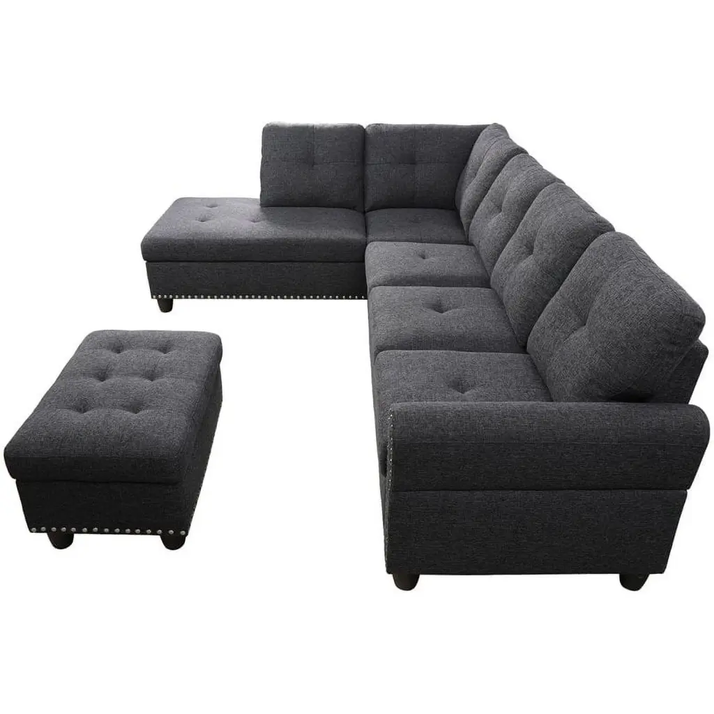 Pemberly Row Polyester Fabric Sectional Sofa Ottoman Dark Gray