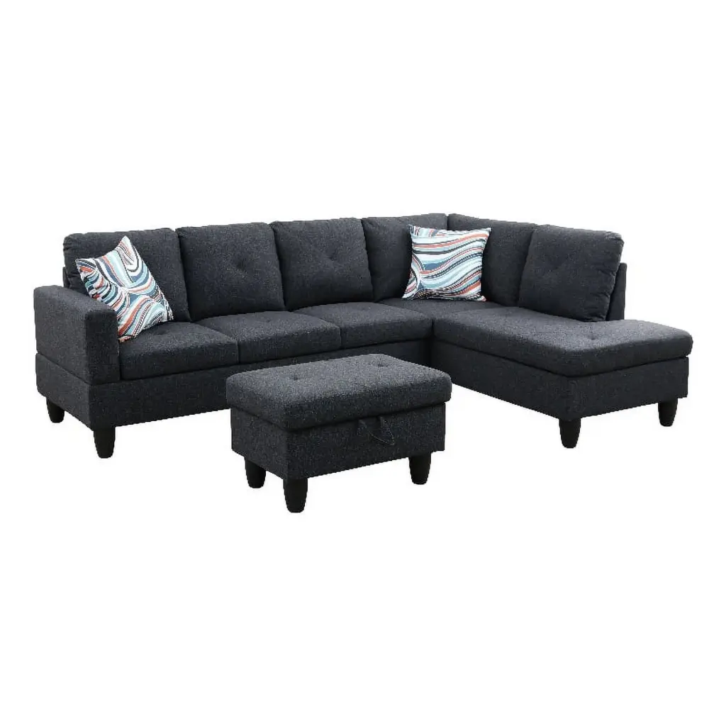 Pemberly Row L Shaped Black Gray Microfiber Couch Ottoman and Pillows