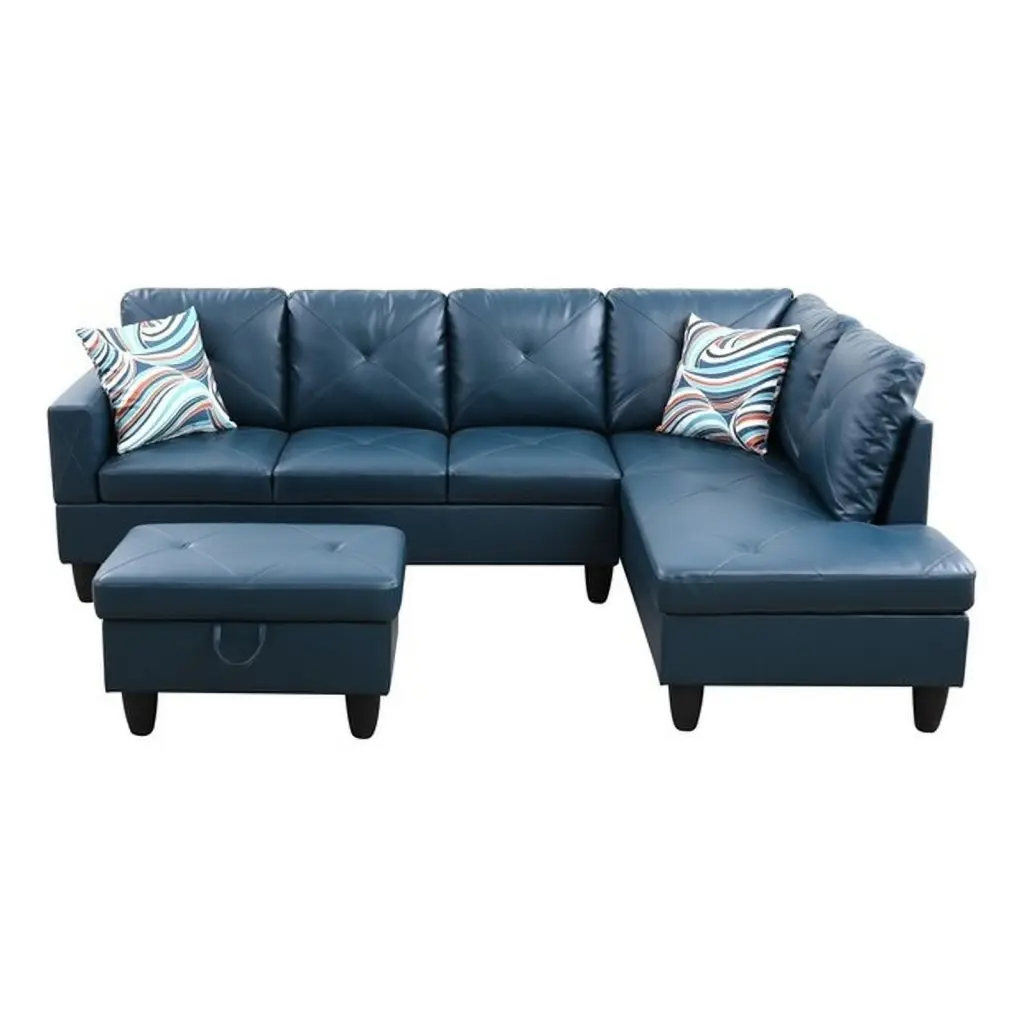 Pemberly Row L Shaped Denim Couch Storage Ottoman and Included Pillows