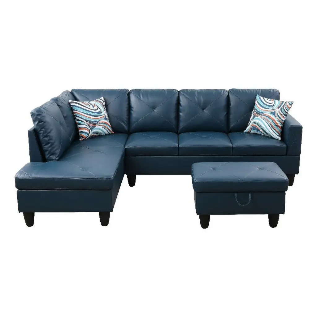 Pemberly Row L Shaped Denim Couch Storage Ottoman and Included Pillows