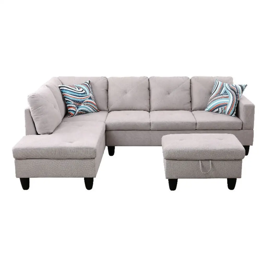 Pemberly Row L Shaped Gray Microfiber Couch Storage Ottoman and Pillows
