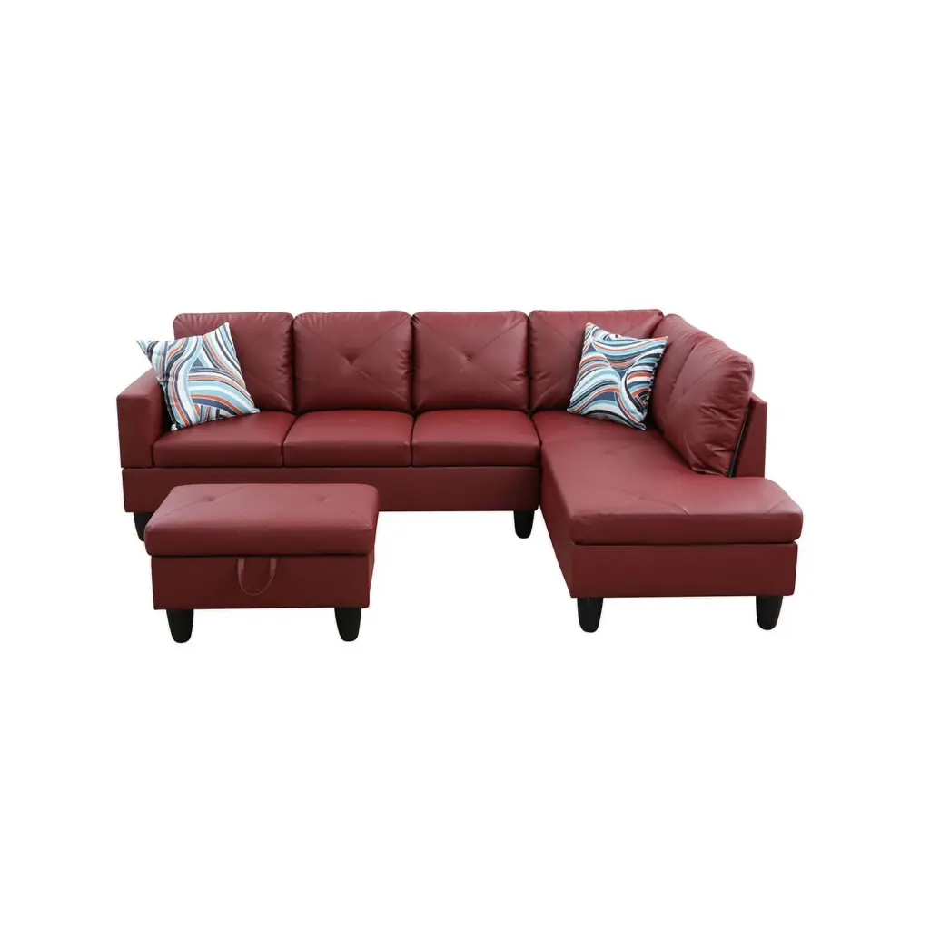 Pemberly Row L Shaped Red Microfiber Couch Storage Ottoman and Pillows